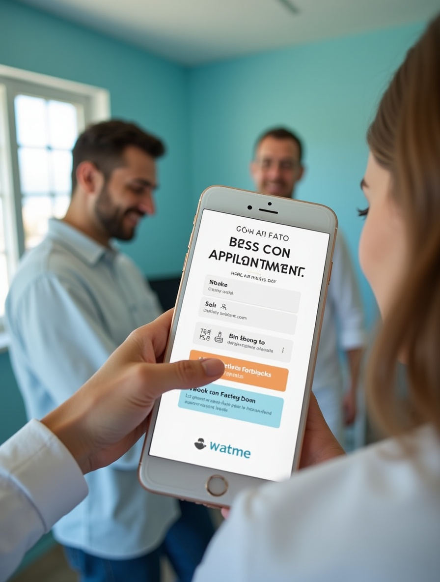 A smiling woman holding a paper with the text 'Schedule your visit today' with clickable button